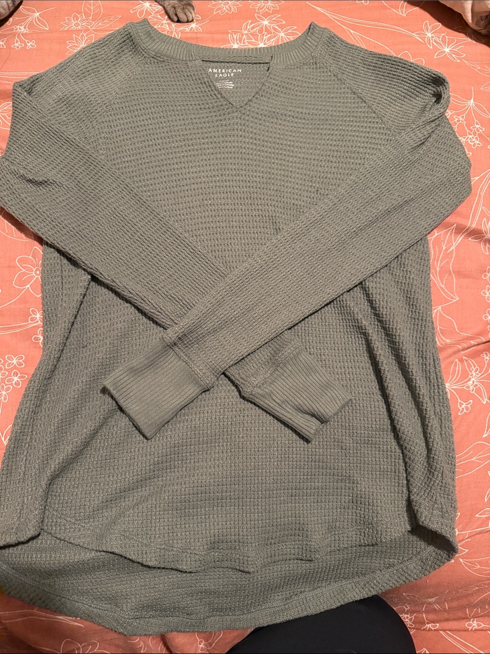 American Eagle Outfitters Women's Olive Green Waffle Crewneck Sweater